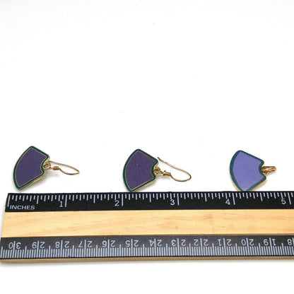 Laurel Burch Purple & Teal Earrings Pendant, Cloisonné Enamel, Gold Plated, 1980s Vintage Jewelry