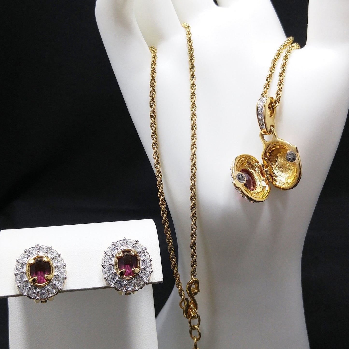 Vintage Swarovski Swan Logo Purple Crystal Locket Necklace & Earrings Set 1990s