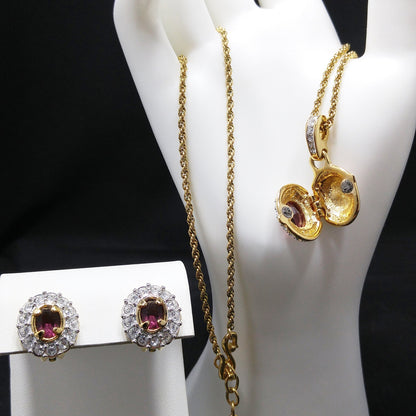 Vintage Swarovski Swan Logo Purple Crystal Locket Necklace & Earrings Set 1990s