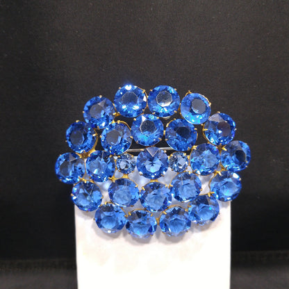 Art Deco Czech Blue Brooch, Open Back Glass Rhinestones, 1940s Vintage Jewelry