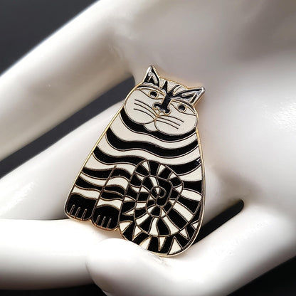Laurel Burch "Shambala" Cat Brooch Pendant, Black White Enamel, Gold Plated, 1980s Vintage Jewelry