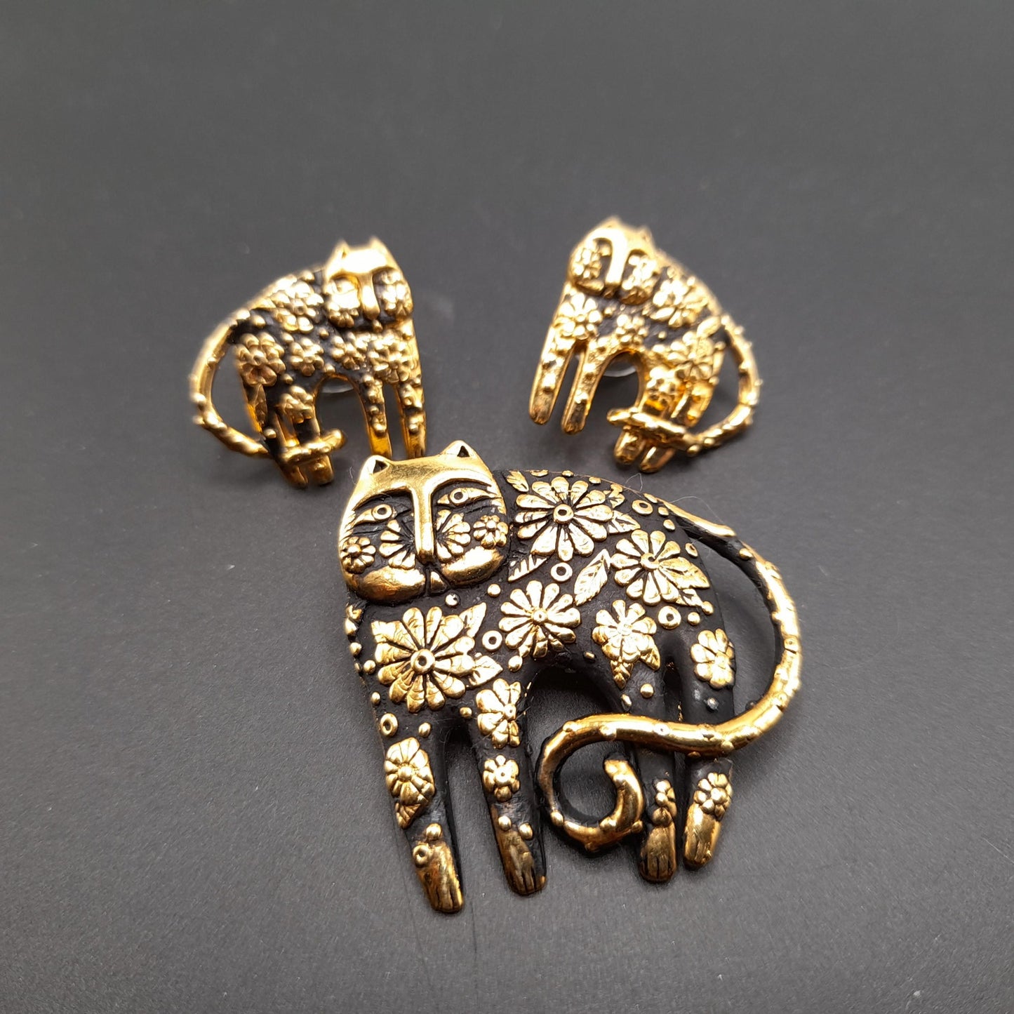 Laurel Burch Flower Cat Brooch Earrings Set, Gold Plated, Black Enamel, 1993 Vintage Jewelry