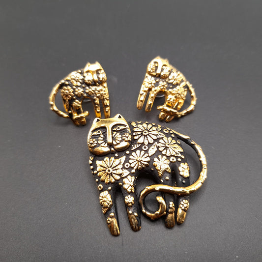 Laurel Burch Flower Cat Brooch Earrings Set, Gold Plated, Black Enamel, 1993 Vintage Jewelry