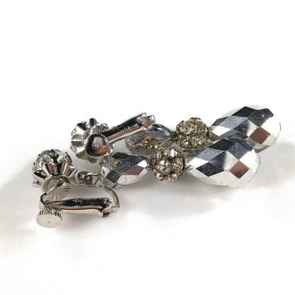 Vendome Silver Crystal Beaded Clip Earrings, Dangle Drop 2", 1960s Vintage Jewelry
