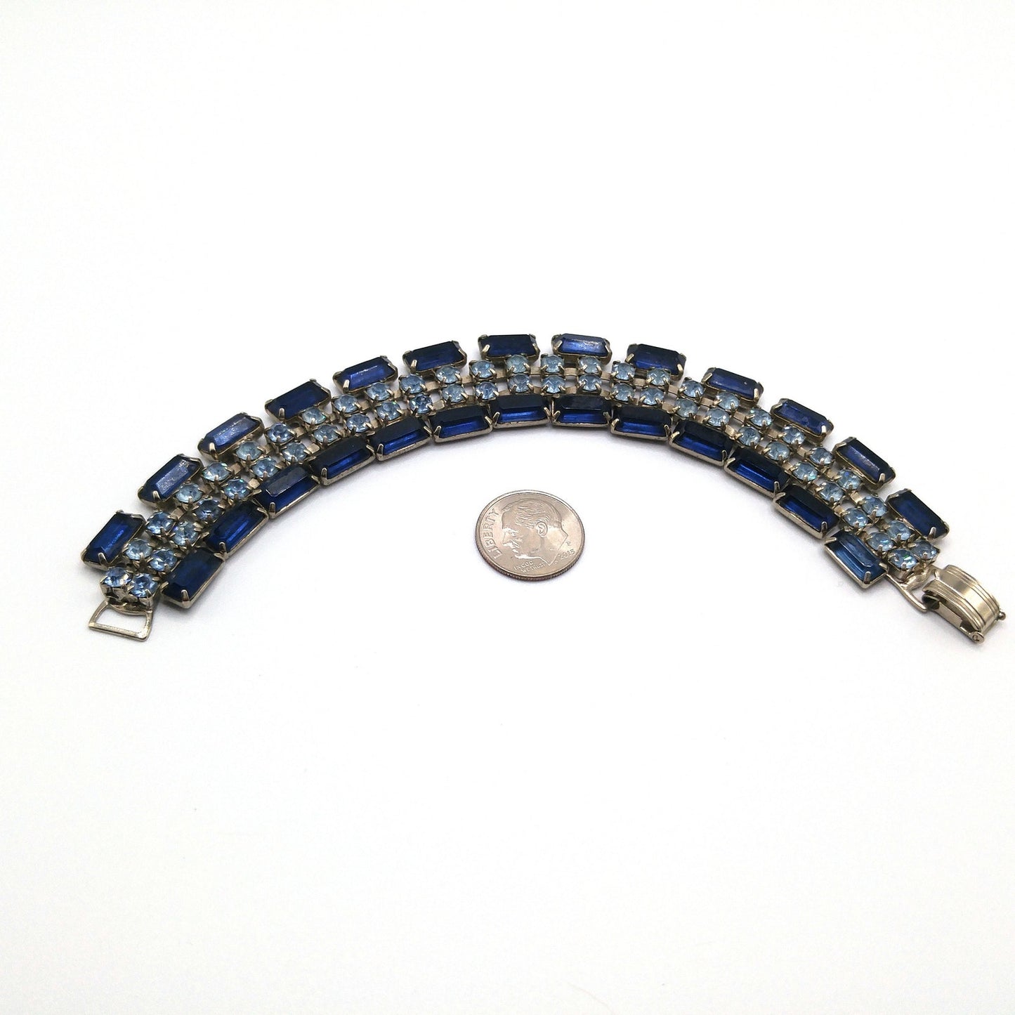 Blue Rhinestone Wide Bracelet, Darker Lighter Blue, Mid-Century, 1950s Vintage Jewelry
