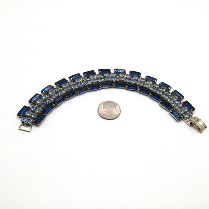 Blue Rhinestone Wide Bracelet, Darker Lighter Blue, Mid-Century, 1950s Vintage Jewelry