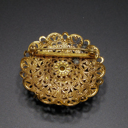 West Germany Red Fire Polished Filigree Brooch, Faux Pearls, 1950s Vintage Jewelry