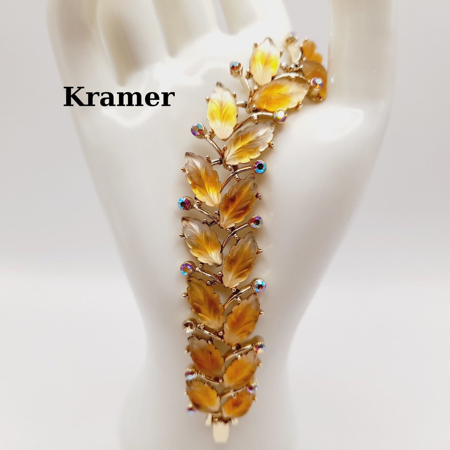 Vintage Kramer Golden Leaf Lucite AB Rhinestone Wide Bracelet