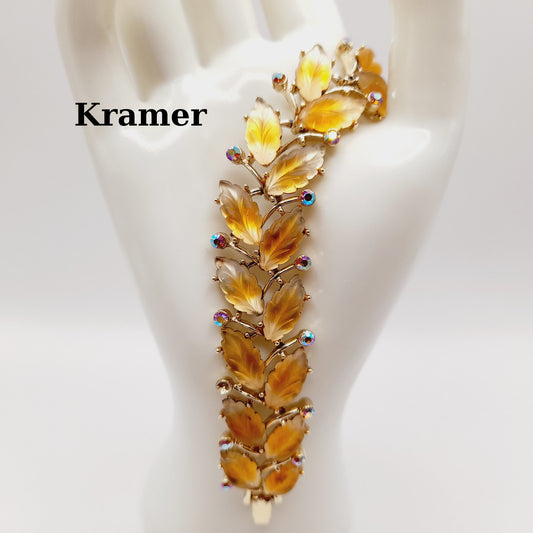 Vintage Kramer Golden Leaf Lucite AB Rhinestone Wide Bracelet