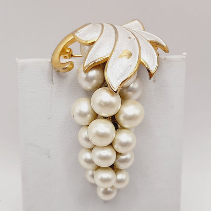 Vintage Alice Caviness Grape Cluster Brooch, White Enamel Leaf, Faux Pearl Berries, Gold Tone Pin, Mid Century Jewelry