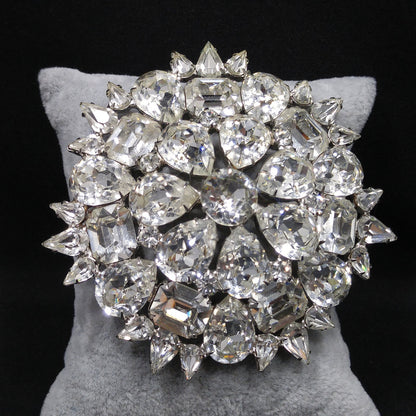 Weiss 1950s Large Clear Rhinestone Floral Brooch | Rhodium Plated Statement Pin | Vintage Mid-Century Jewelry