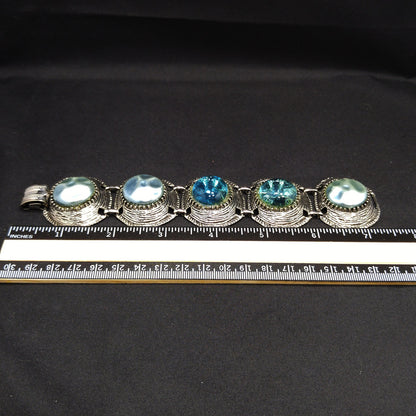 Mid-century Silver Tone Five Link Bracelet, Gold Plated, Blue Lucite Pearled & Clear
