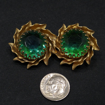 Mid-Century Green Rhinestone Two Flower Brooch, Gold Plated, 1950s Vintage Jewelry