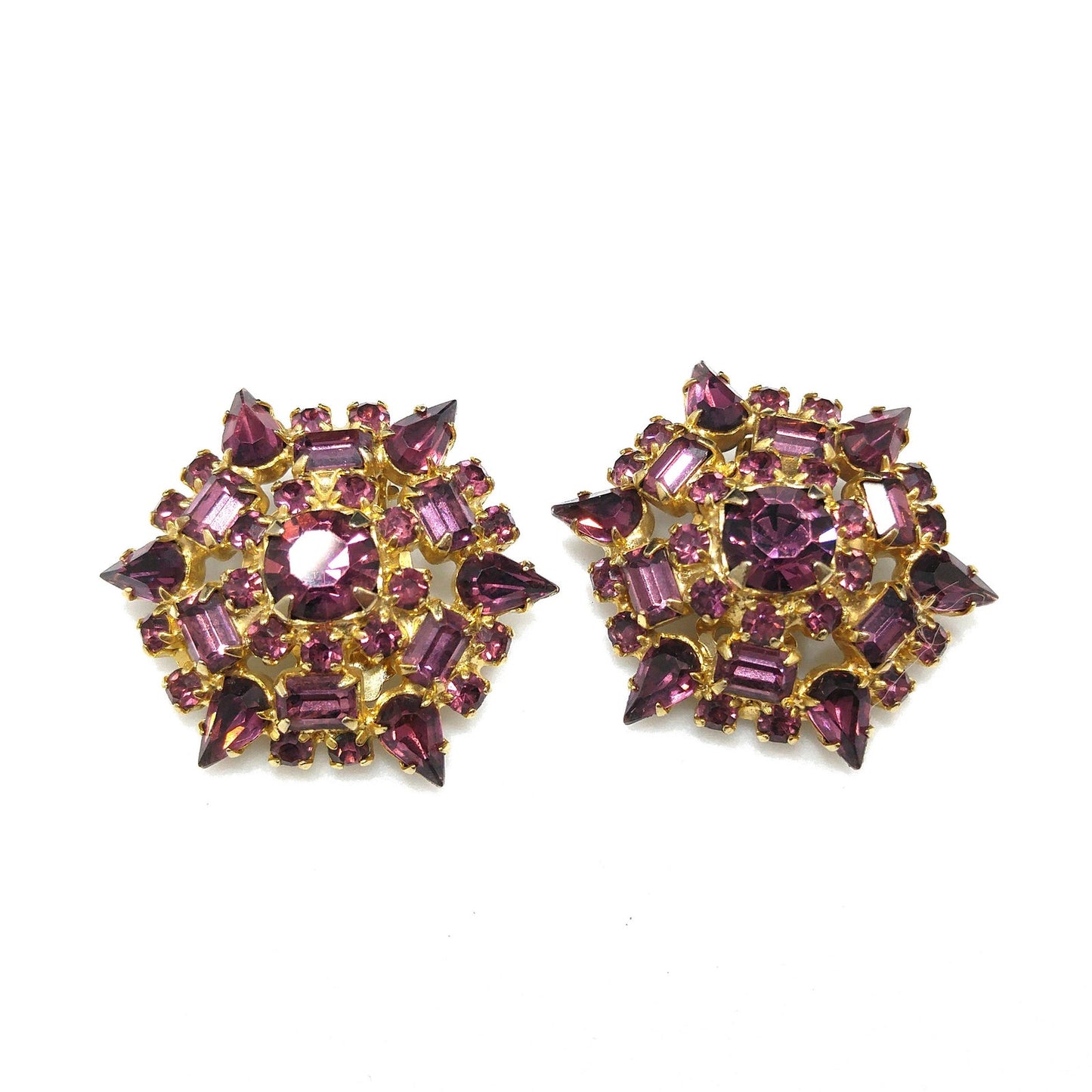 Large Purple Rhinestone Brooch & Clip Earrings, Gold Plated, 1960s Vintage