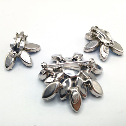 Kramer Blue Rhinestone Brooch Earrings Set, Light Dark Blue, Rhodium Plated, 1960s Vintage Jewelry