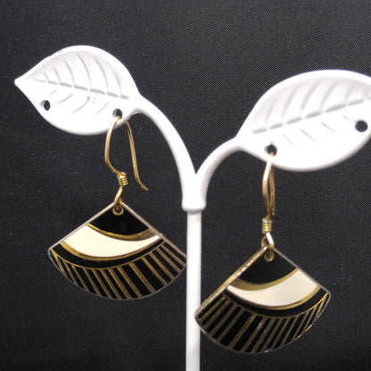 Vintage Laurel Burch Black White Gold Fan Drop Earrings, Gold Plated Enamel