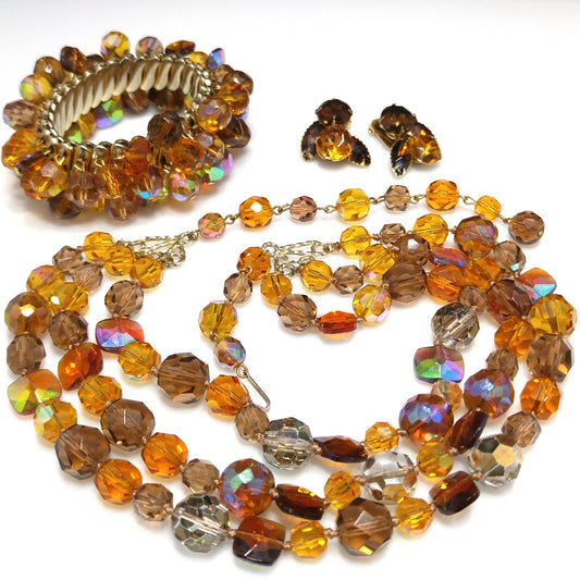 Topaz Crystal Necklace Bracelet Earrings Set, Aurora Borealis, 1960s Vintage Jewelry