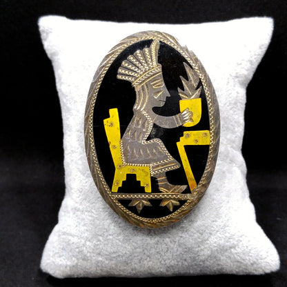 Silver Brass Inlay Onyx Brooch Pendant, Stamped DF 9Z5, Old Mexico Sterling, 1950s Vintage Jewelry