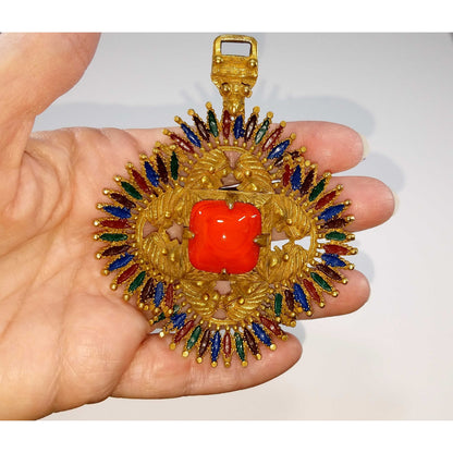 Vintage Castlecliff Pendant Orange Art Glass Gold Enamel Large Statement Jewelry