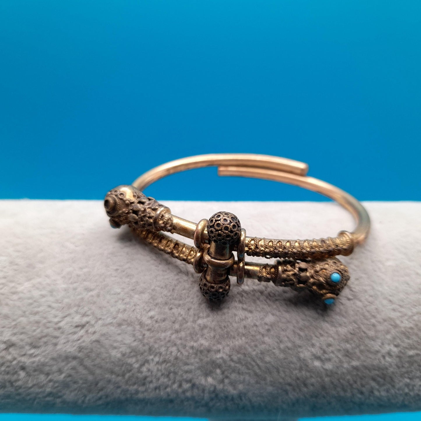 Antique Snake Cuff Bracelet, Gold Filled, Filigree Balls, Turquoise Bead Eyes, Victorian 1800s Jewelry