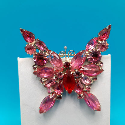 Vintage Weiss Butterfly Brooch, Pink Red Rhinestones, Gold Plated, 1950s Jewelry