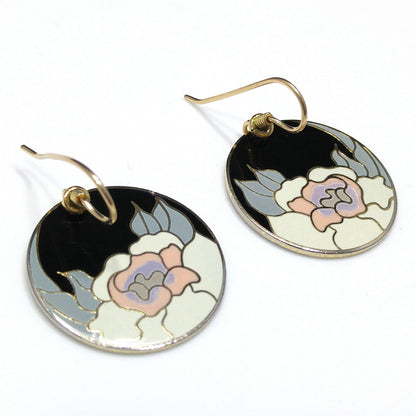 Vintage Laurel Burch "Garden Rose" Earrings, Gold Plated Cloisonné