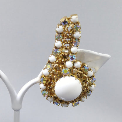 Hobe Milk Glass Clip Earrings, Gold Plated, Ear Climbers, 1960s Vintage Jewelry