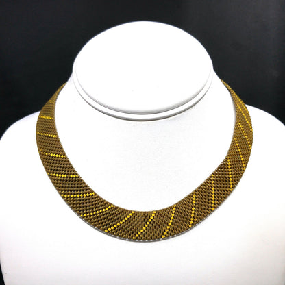 Art Deco Brass Mesh Necklace, Yellow Enamel, 1930s Vintage Jewelry