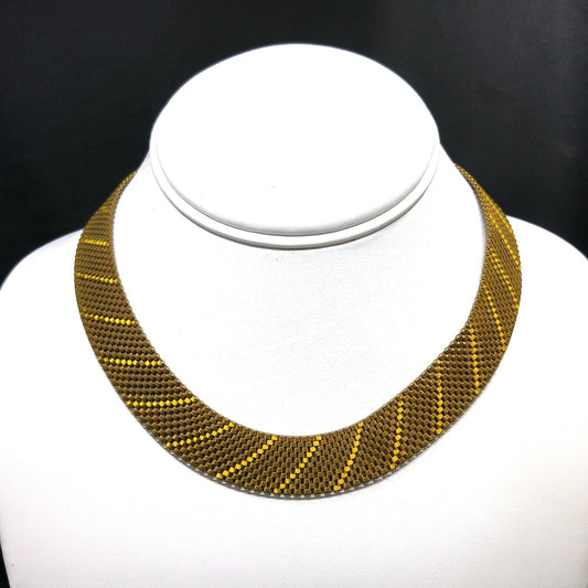 Art Deco Brass Mesh Necklace, Yellow Enamel, 1930s Vintage Jewelry