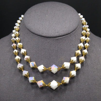 White Crystal Fire Polished Two Strand Necklace, Golden Brass End Caps, 1950s Vintage Jewelry