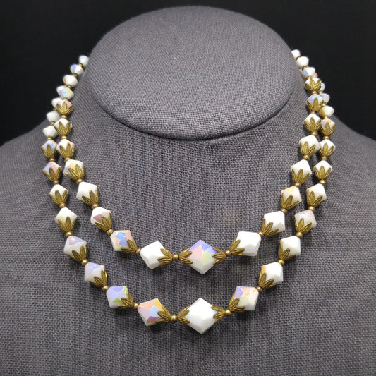 White Crystal Fire Polished Two Strand Necklace, Golden Brass End Caps, 1950s Vintage Jewelry