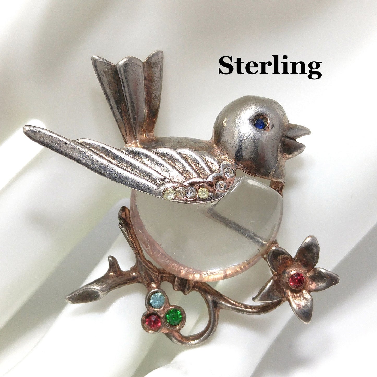 Sterling Silver Clear Lucite Bird Brooch, Jelly Belly Pin, 1940s Vintage Jewelry