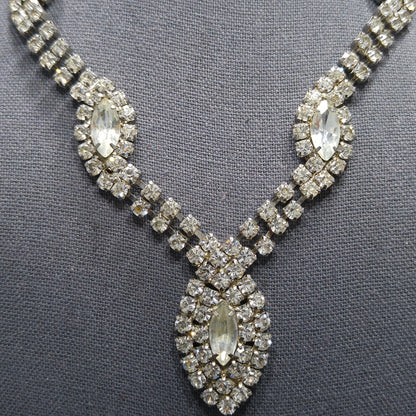 Mid-Century Clear Rhinestone Oval Pendant Necklace, Wedding Necklace, 1950s Vintage Jewelry
