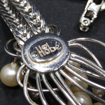Hobe' Faux Pearl Pendant Necklace, Rhodium Plated, 1960s Vintage Jewelry