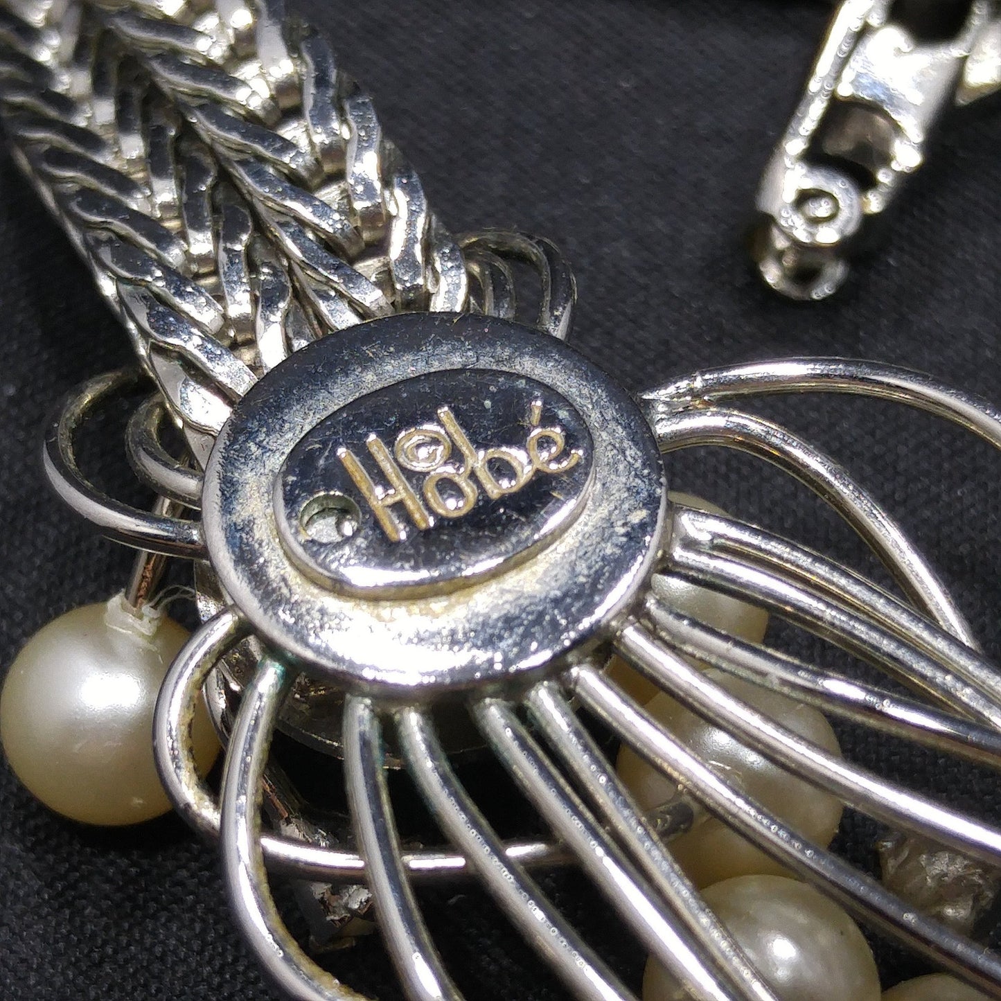 Hobe’ Mid Century Rhodium Faux Pearl Rhinestone Pendant Necklace 1950s