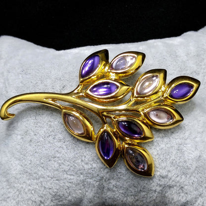 Trifari TM Purple Cabochon Gold Plated Brooch, Spray of Leaves Pin, 1980s Vintage Jewelry