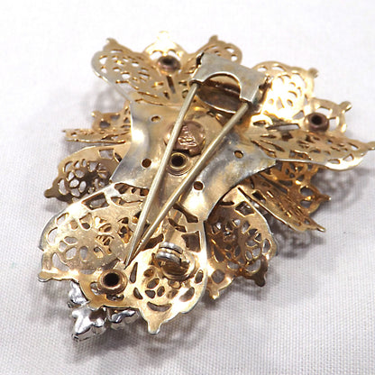 BARCLAY Fur Clip & Brooch, Gold Plated Filigree, Rhinestones, 1940s Vintage Jewelry