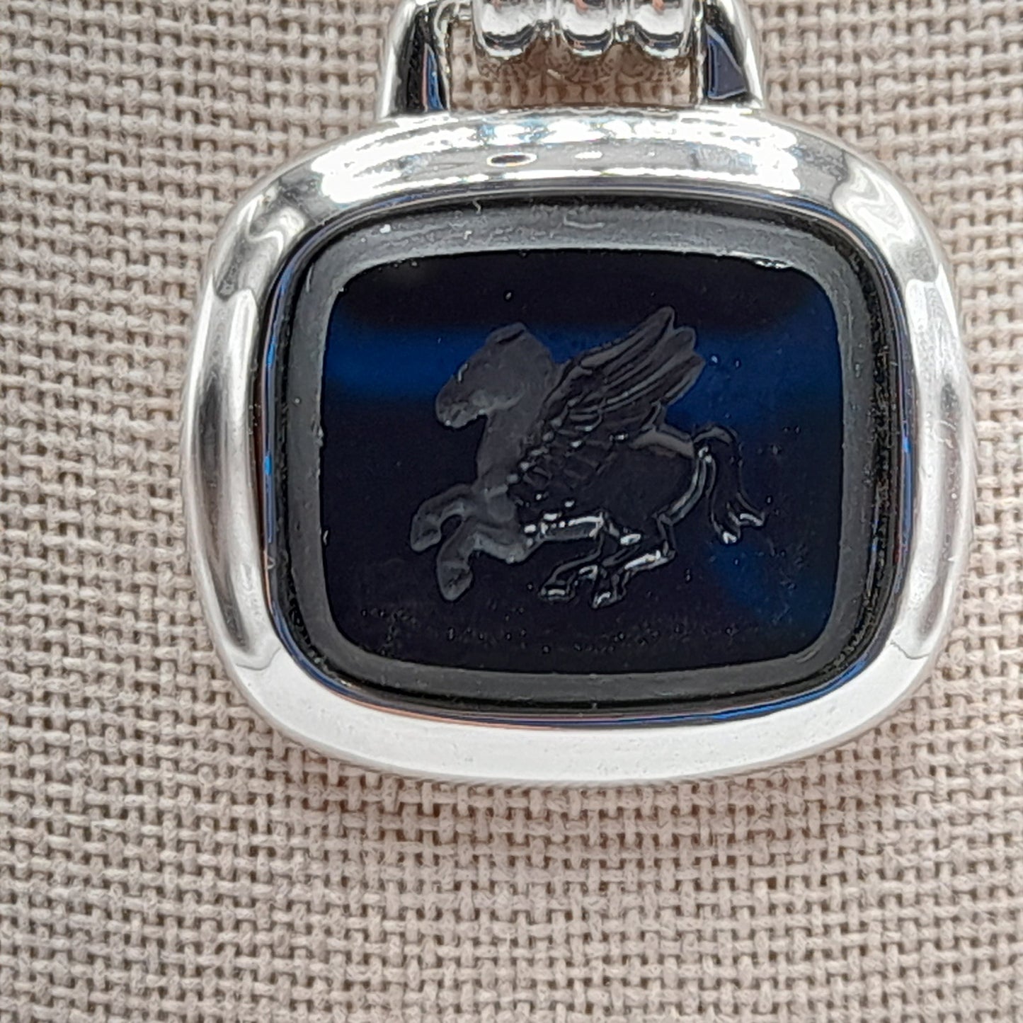 Monet Silver Tone Black Glass Pegasus Pendant Necklace – 16 Inches