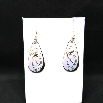 Laurel Burch "Wild Iris" Cloisonne Earrings, Lavender Enamel, White & Pink Flower, Rhodium Plate, 1980s Vintage Jewelry