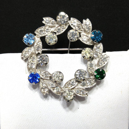 Eisenberg Rhinestone Wreath Brooch, Rhodium Plated, 1950s Vintage Jewelry