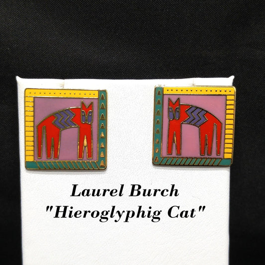 Laurel Burch "Hieroglyphig Cat" Post Earrings, Gold Plated Cloisonné, Colorful Enamel, 1980s Vintage Jewelry