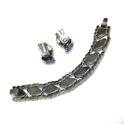 Light Blue Rhinestone Bracelet & Clip Earrings, Rhodium Plated, Ear Climbers, 1960s Vintage Jewelry