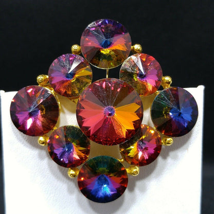 Vintage Unsigned Weiss Pink Rivoli Rhinestone Brooch, Red Blue Magenta Green Pin