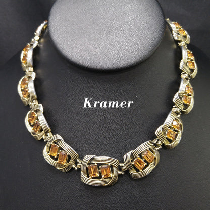 Kramer Topaz Rhinestone Choker Necklace, Gold Plated Black Enamel, 1950s Vintage Jewelry