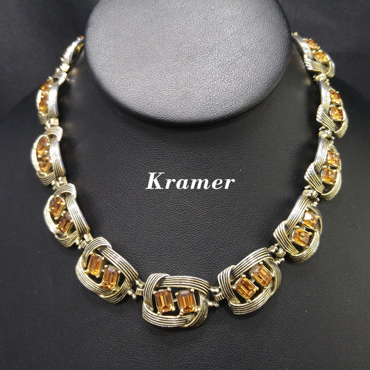 Kramer Topaz Rhinestone Choker Necklace, Gold Plated Black Enamel, 1950s Vintage Jewelry