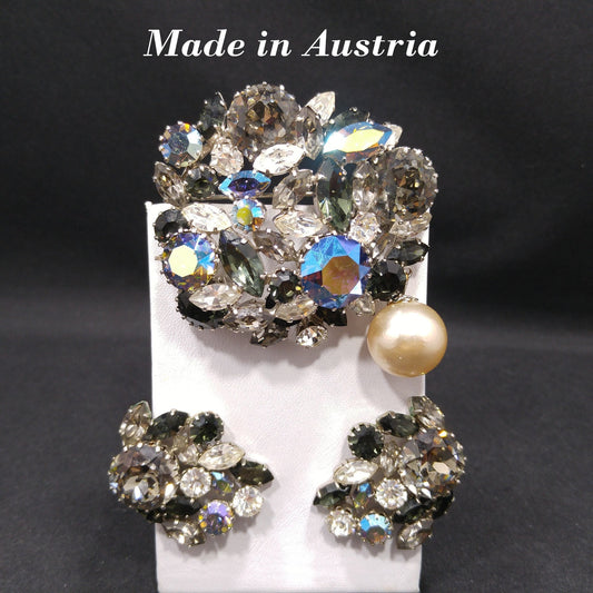 Austria Crystal AB Rhinestone Brooch & Earrings, Rhodium Plated, 1960s Vintage Jewelry