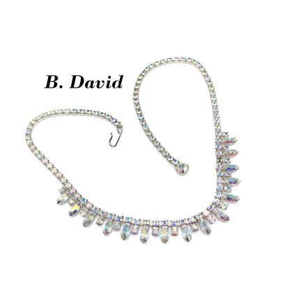 B. David Aurora Borealis Rhinestone Necklace, Rhodium Plated, 1960s Vintage