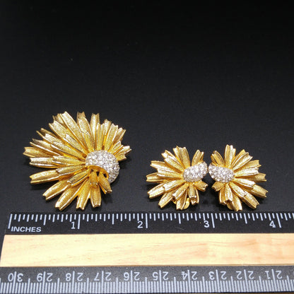 Jomaz Gold Plated Brooch & Earrings, Pave Rhinestones, Joseph Mazer Co, 1960s Vintage Jewelry
