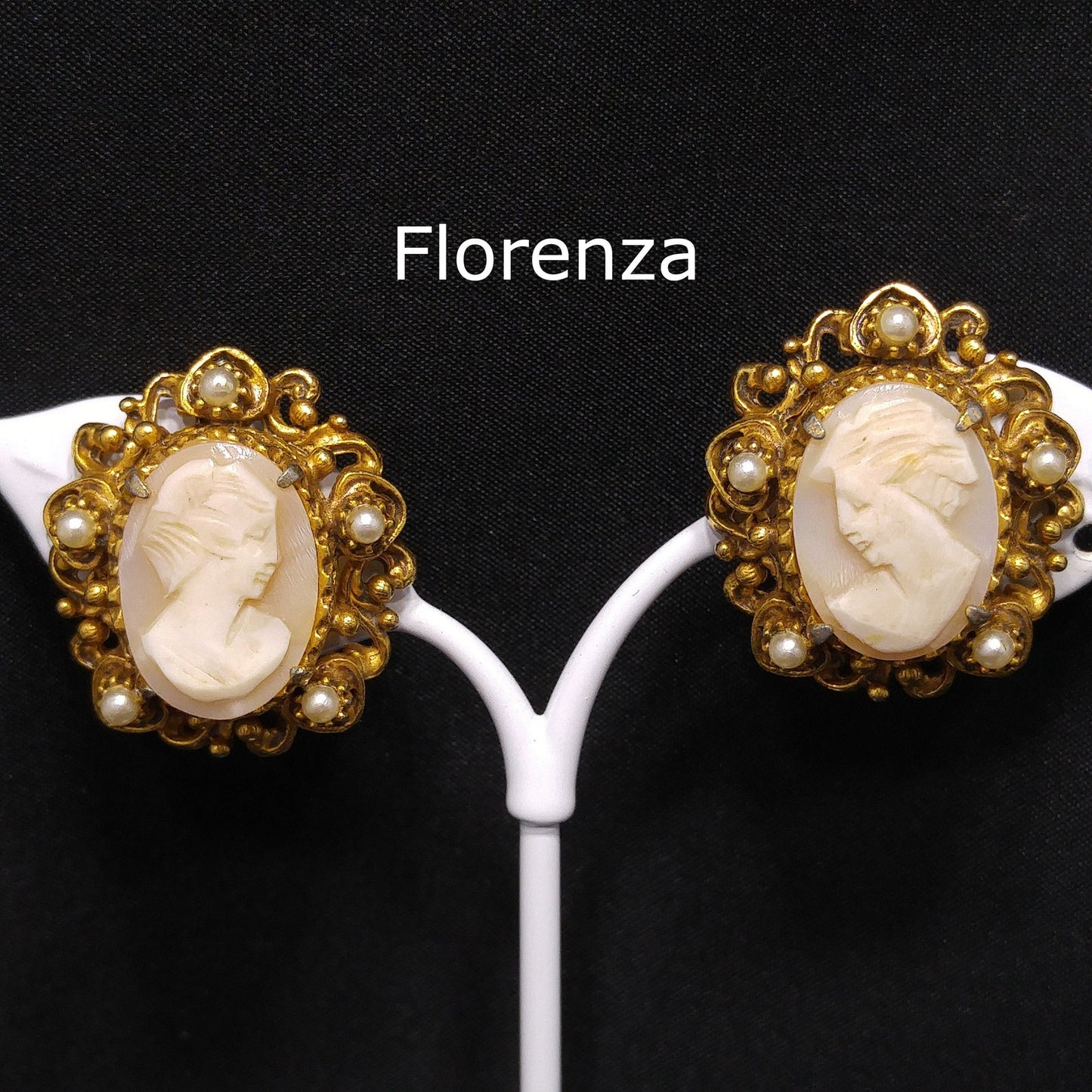 Florenza Cameo Clip Earrings, Hand-carved Shell, Gold Plated, 1950s Vintage Jewelry