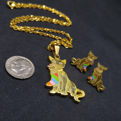 Vintage Christmas Cat Jewelry Set – Pendant Necklace & Earrings, Holiday Gift